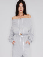 RARELY ALIKE Off Shoulder Zip Up Sweatshirt in Gray - On Female Model