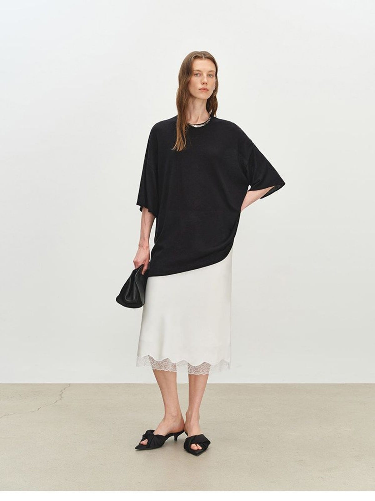 MSBEAST Sheer Lyocell Cashmere Half Sleeve T Shirt in Black - On Female Model