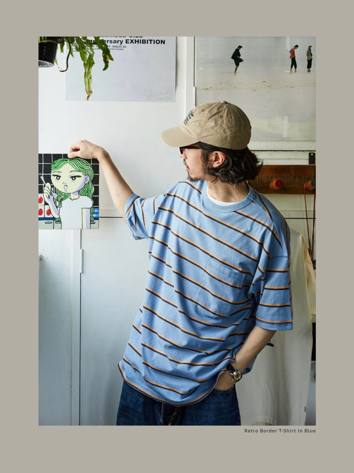 USAGE Retro Striped Cotton T Shirt in Blue - On Male Model