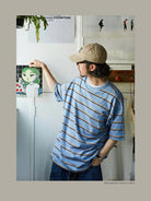 USAGE Retro Striped Cotton T Shirt in Blue - On Male Model