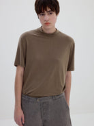 SIMPLE PROJECT Wool Blend Mock Neck T Shirt in Beige - On Model