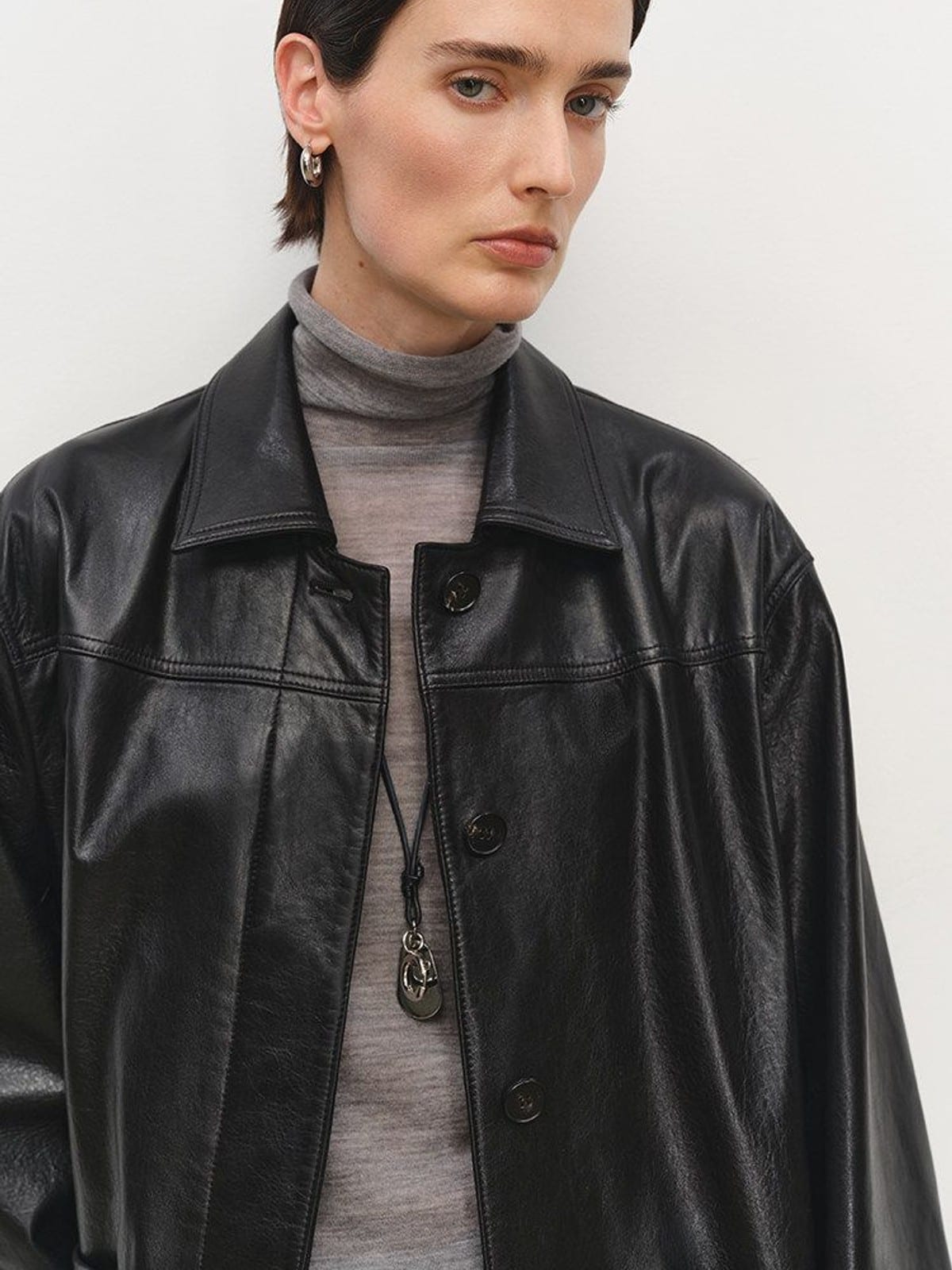 MSBEAST Mid Length Sheepskin Leather Jacket in Black - On Female Model