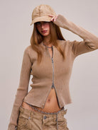 SMFK Distressed Camo Cotton Baseball Cap in Beige - On Female Model