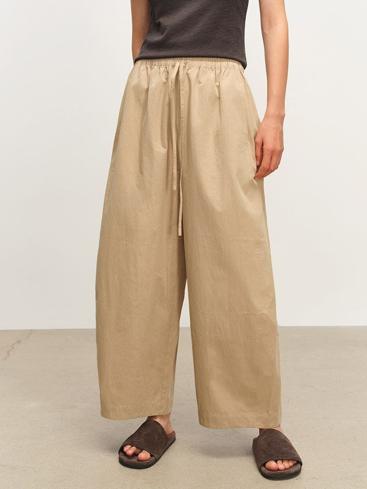 MSBEAST Paper Texture Cotton Balloon Pants in Beige - On Female Model