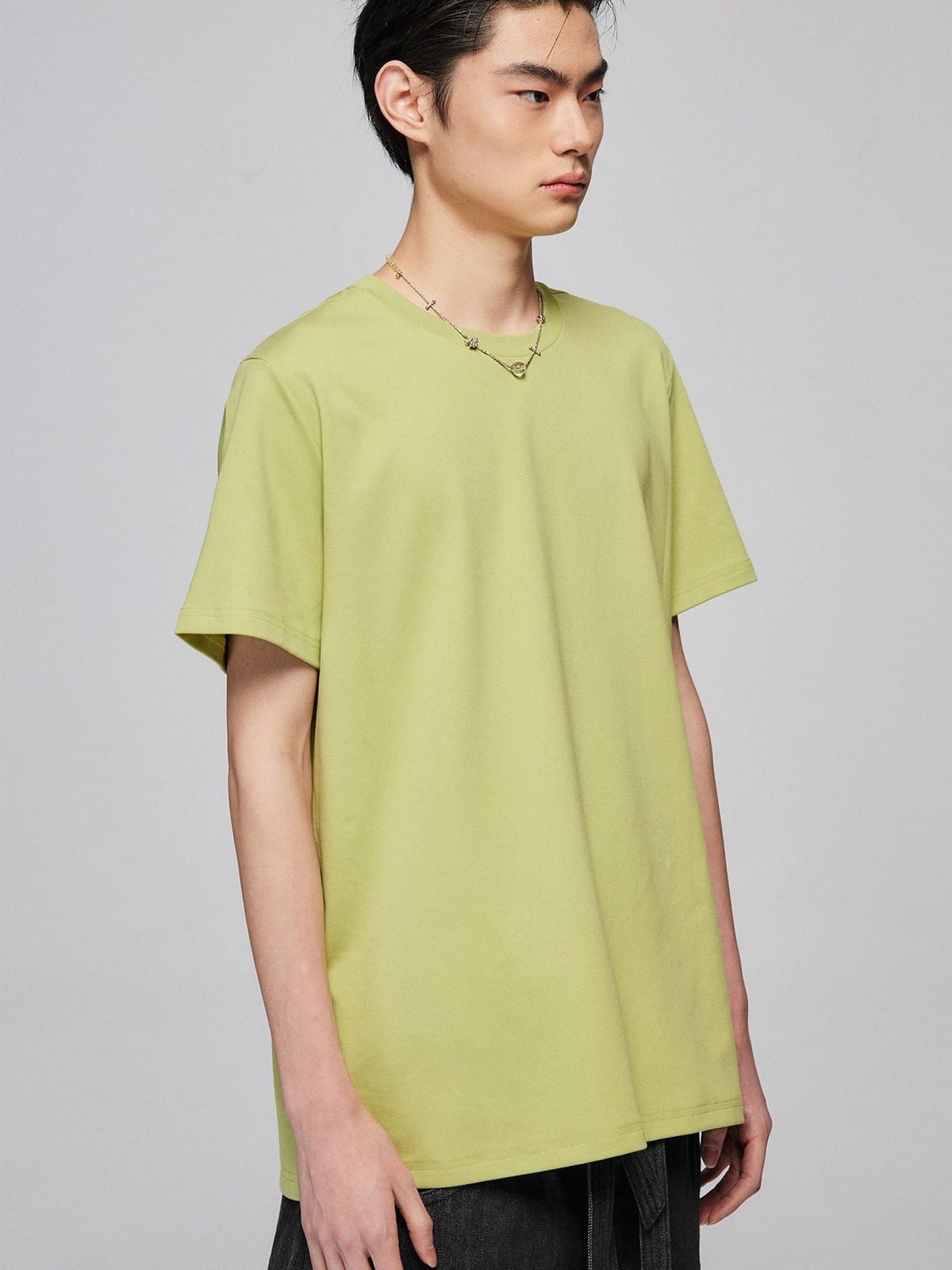 SIMPLE PROJECT Misaligned Seam Crewneck T Shirt in Green - On Male Model