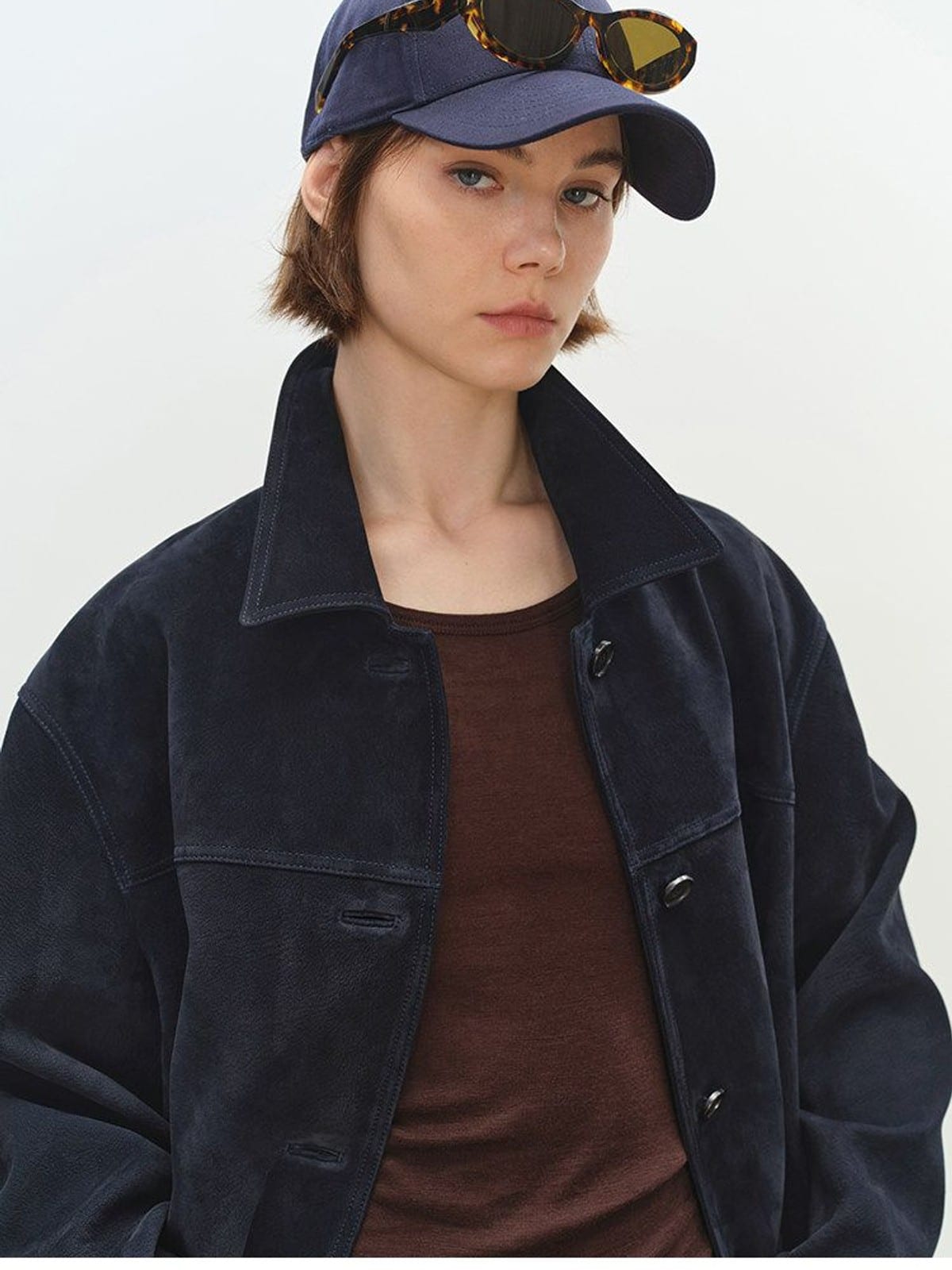 MSBEAST Oversized Lapel Sheepskin Jacket in Navy Blue - On Female Model