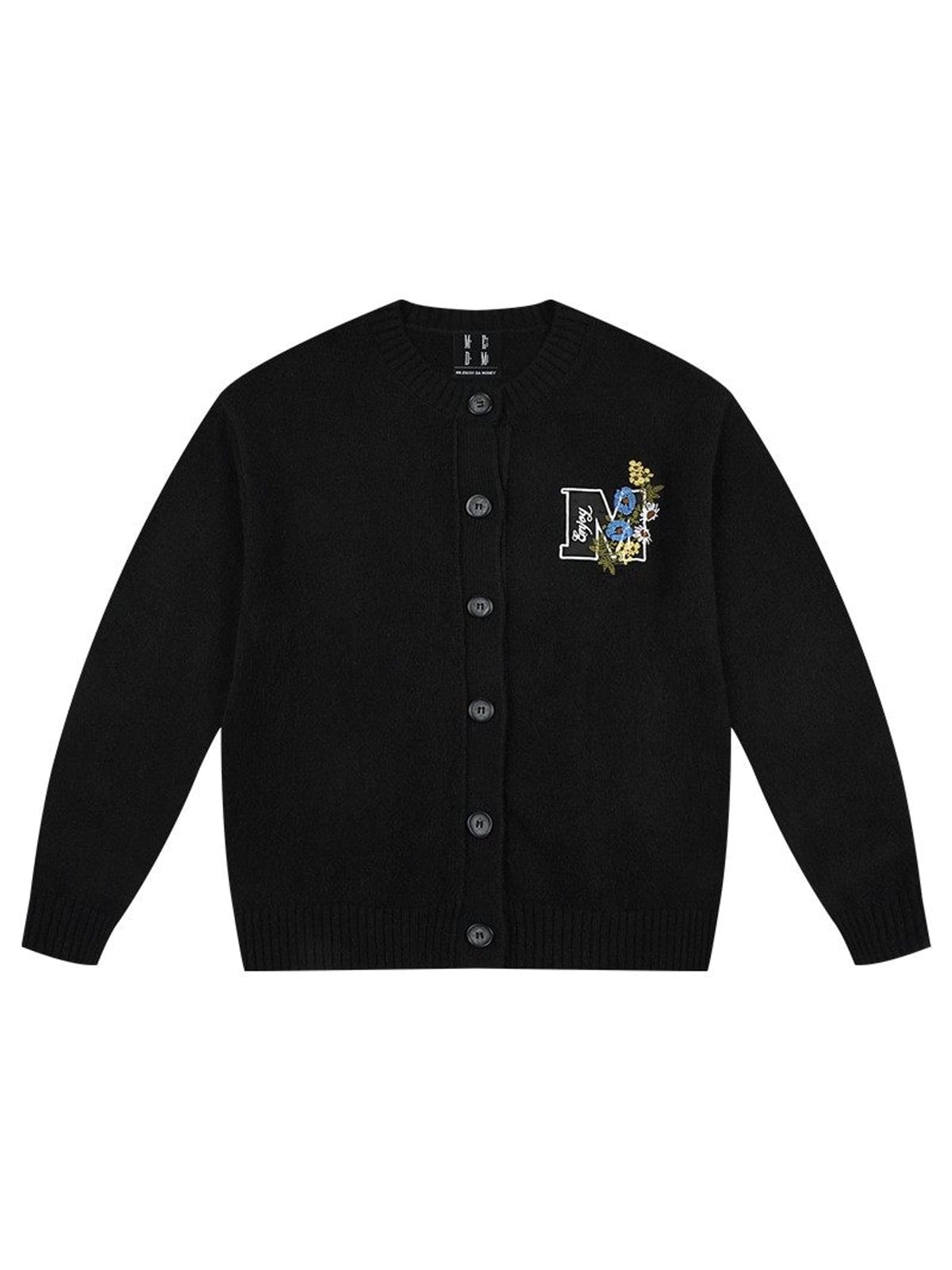MEDM Floral Embroidered Knit Cardigan in Black