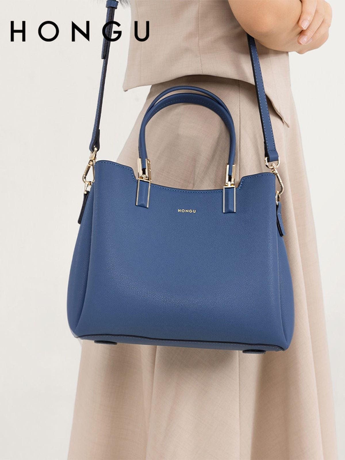 HONGU Split Cowhide Crossbody Handbag in Blue - On Female Model