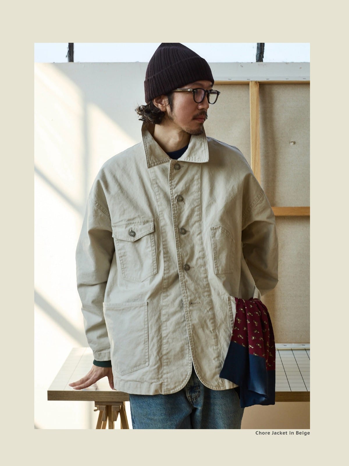 USAGE Washed Heavyweight Cotton Chore Jacket in Beige - On Male Model