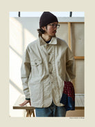 USAGE Washed Heavyweight Cotton Chore Jacket in Beige - On Male Model