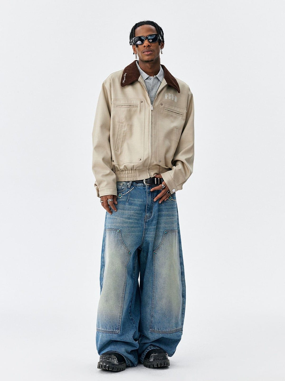 MEDM Embroidered Harrington Jacket in Beige - On Male Model