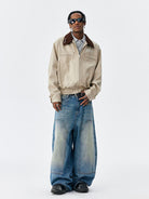 MEDM Embroidered Harrington Jacket in Beige - On Male Model