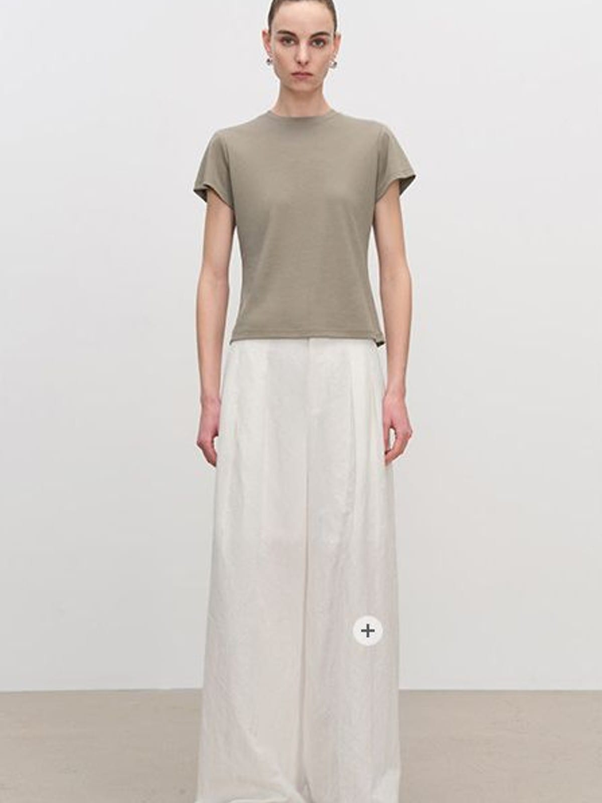 MSBEAST Acetate Cotton Flutter Sleeve T Shirt in Beige - On Female Model