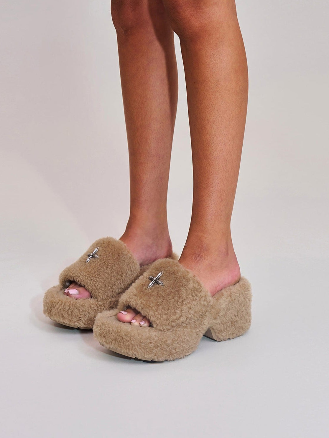 SMFK Cross Hardware Shearling High Heel Mules in Beige - On Female Model