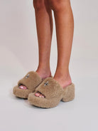 SMFK Cross Hardware Shearling High Heel Mules in Beige - On Female Model