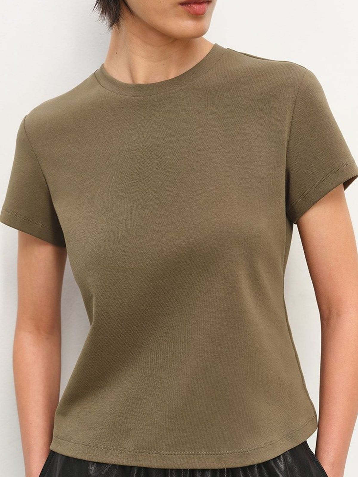 MSBEAST Cotton Blend Tapered Waist T Shirt in Olive - On Female Model