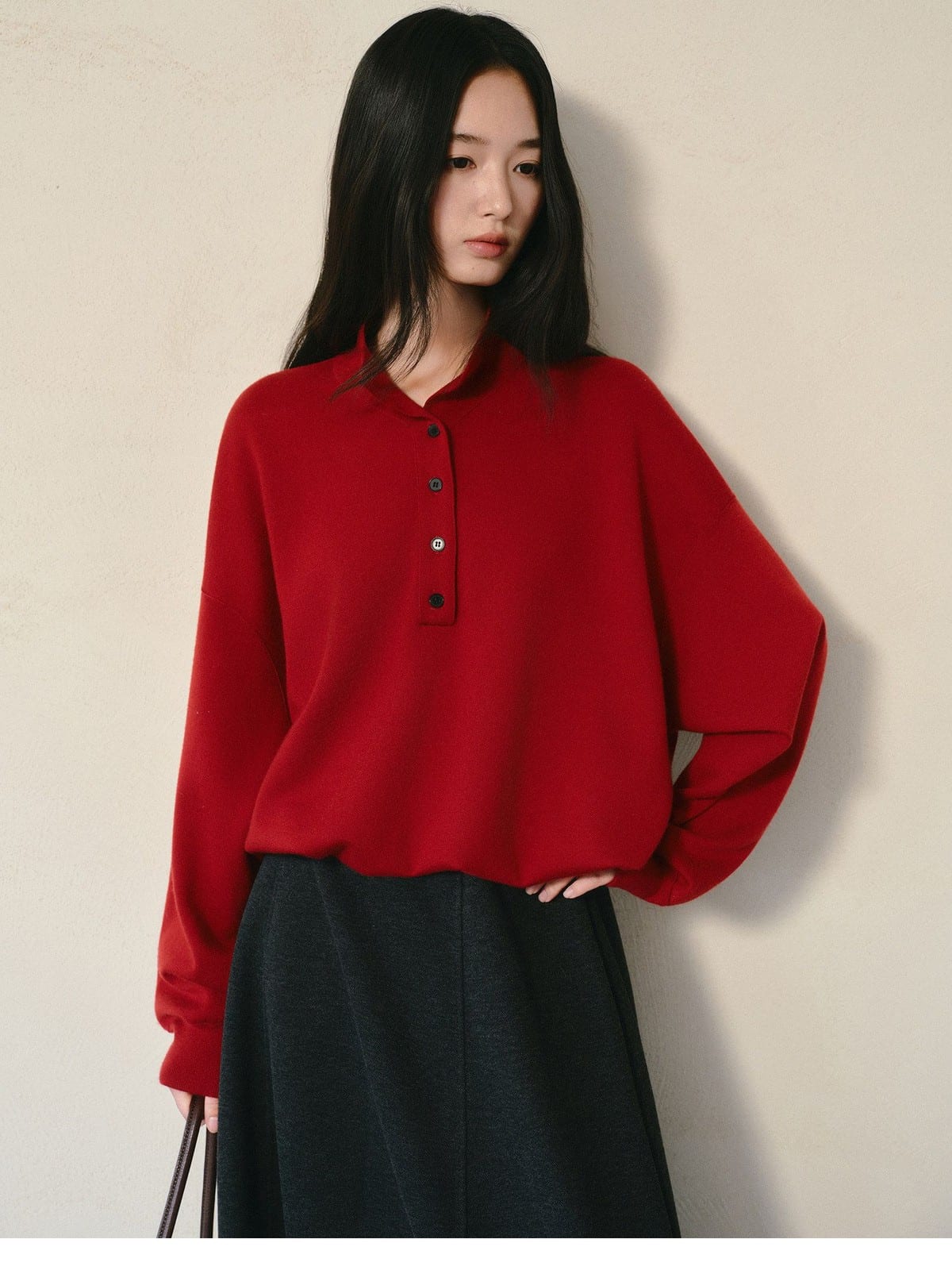 TEASEL Worsted Wool Henley Sweatshirt in Red - On Female Model