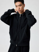 SIMPLE PROJECT Cotton Blend Zip Up Hoodie in Navy Blue - On Male Model