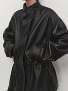 MSBEAST Drawstring Sheep Leather Jacket in Black - On Female Model