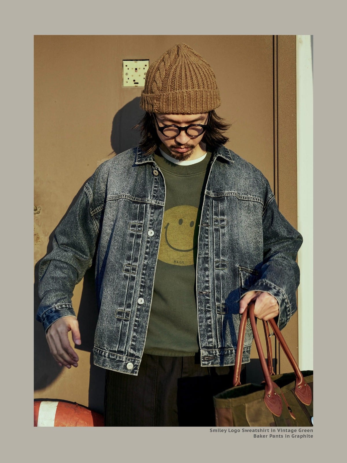 USAGE Washed Cotton Raglan Smiley Sweatshirt in Mint - On Male Model