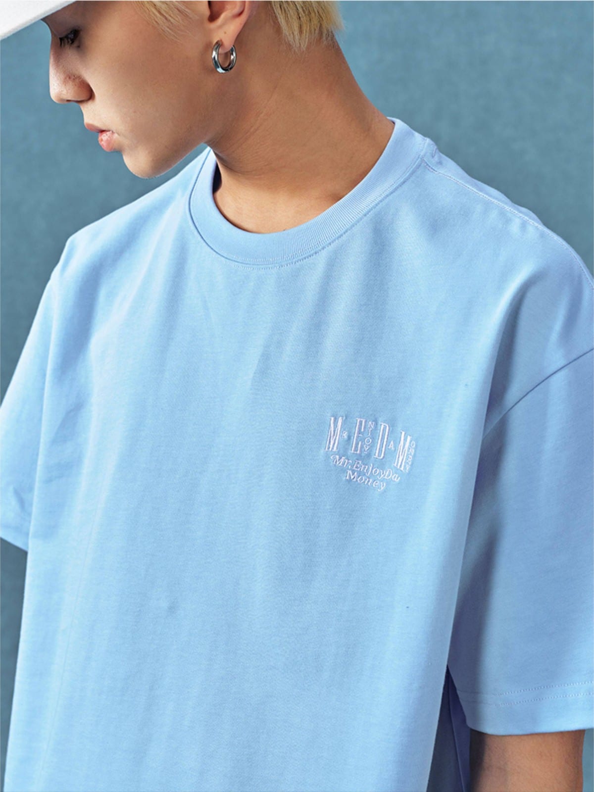 MEDM Letter Embroidery Cotton T Shirt in Sky Blue - On Male Model