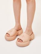 SMFK 7cm Platform Embossed EVA Slides in Beige - On Model