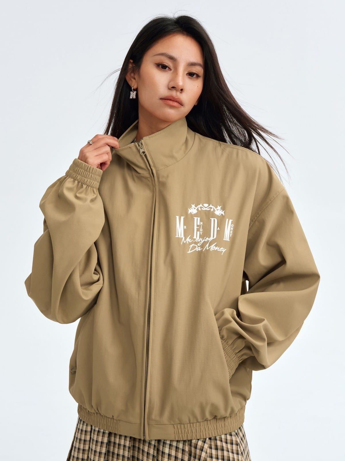 MEDM Nylon Stand Collar Coach Jacket in Beige - On Female Model