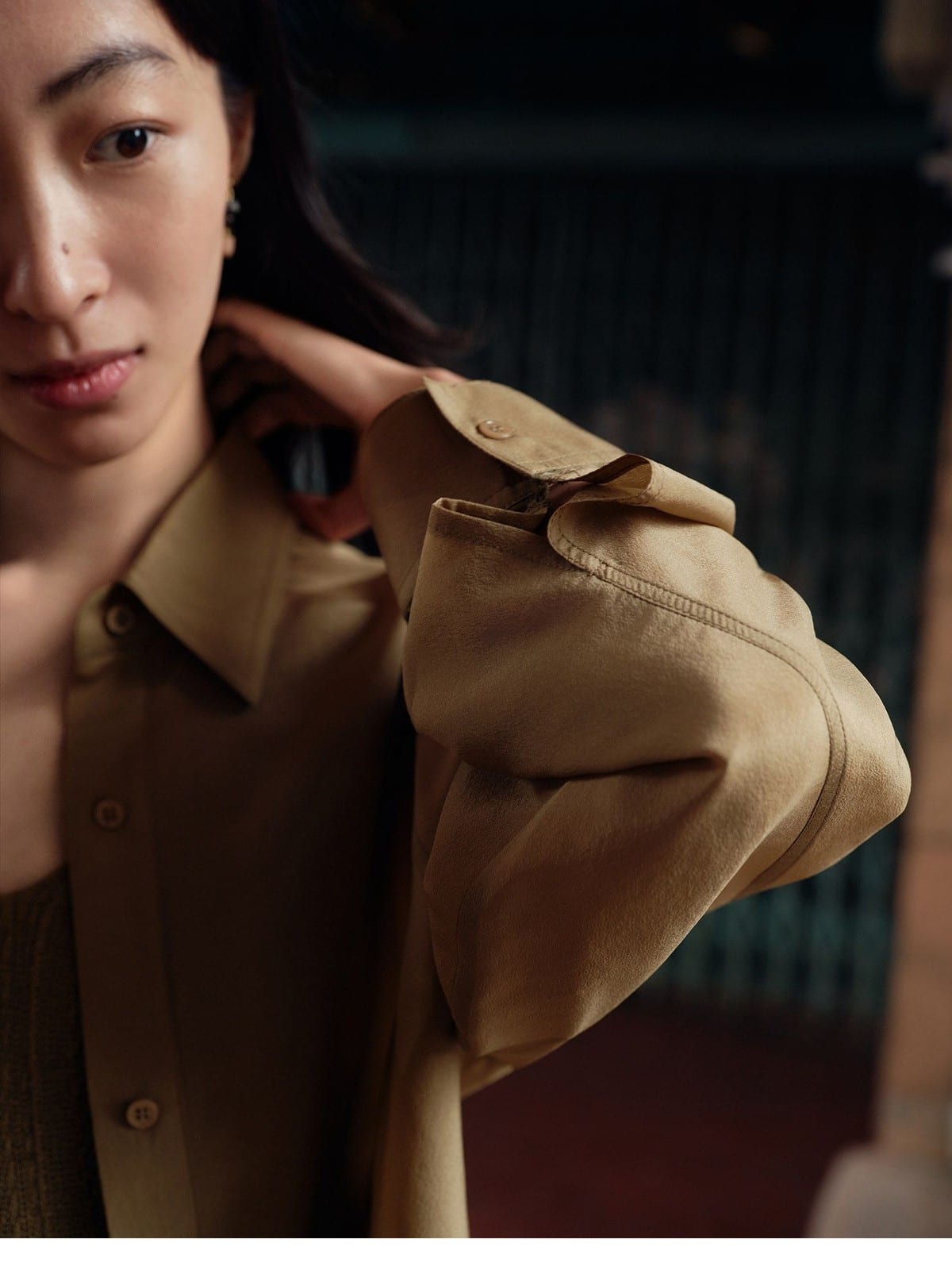 TEASEL Silk Blend Shirt Shorts Set in Olive - On Female Model