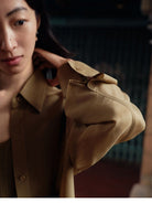 TEASEL Silk Blend Shirt Shorts Set in Olive - On Female Model