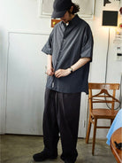 USAGE Cotton Crinkle Short Sleeve Shirt in Navy Blue - On Male Model