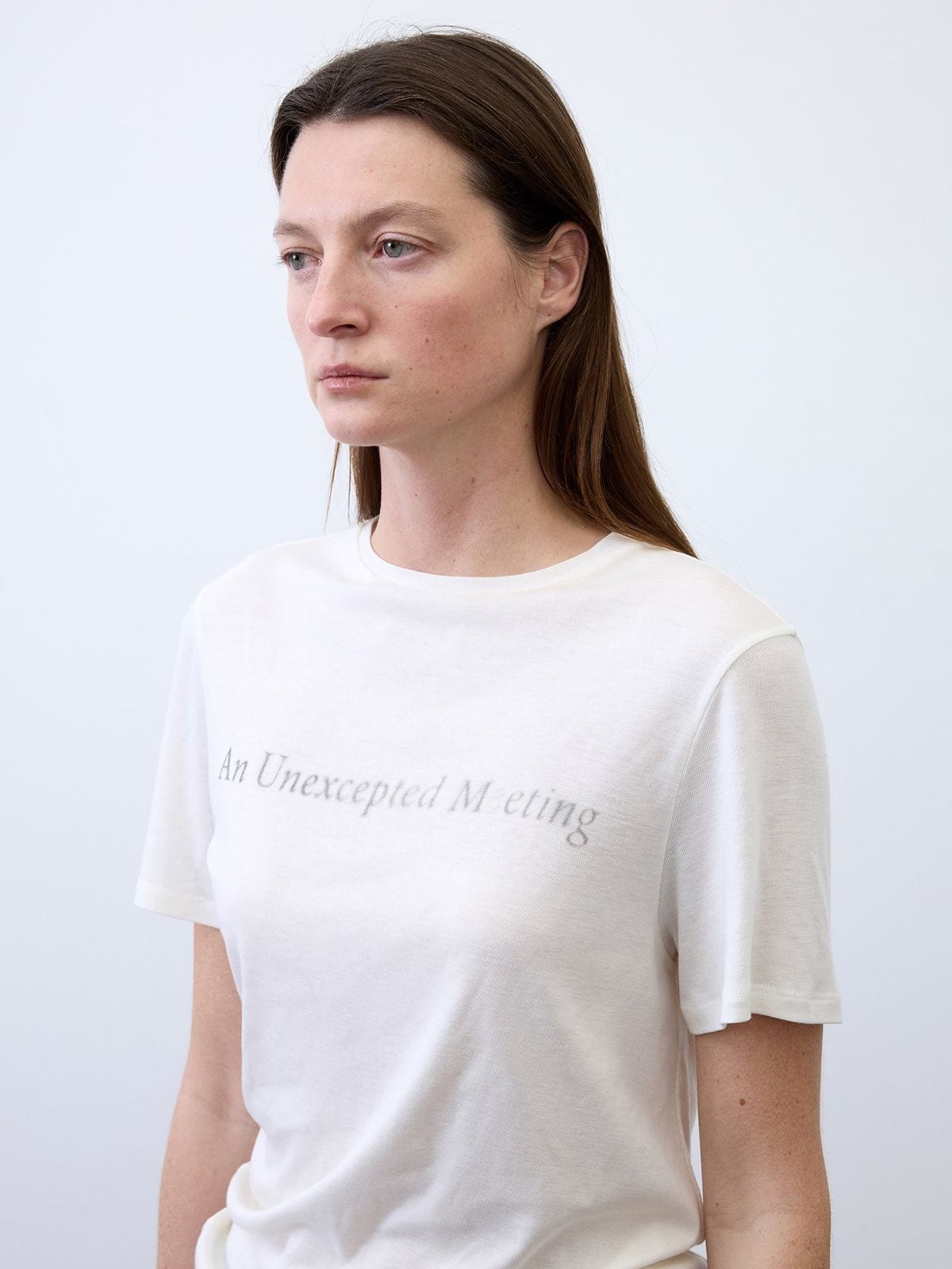 Random Piece Lyocell Blend Letter Print T Shirt in White - On Female Model