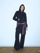 Random Piece Cotton Lyocell Cropped Hoodie in Navy Blue - On Female Model