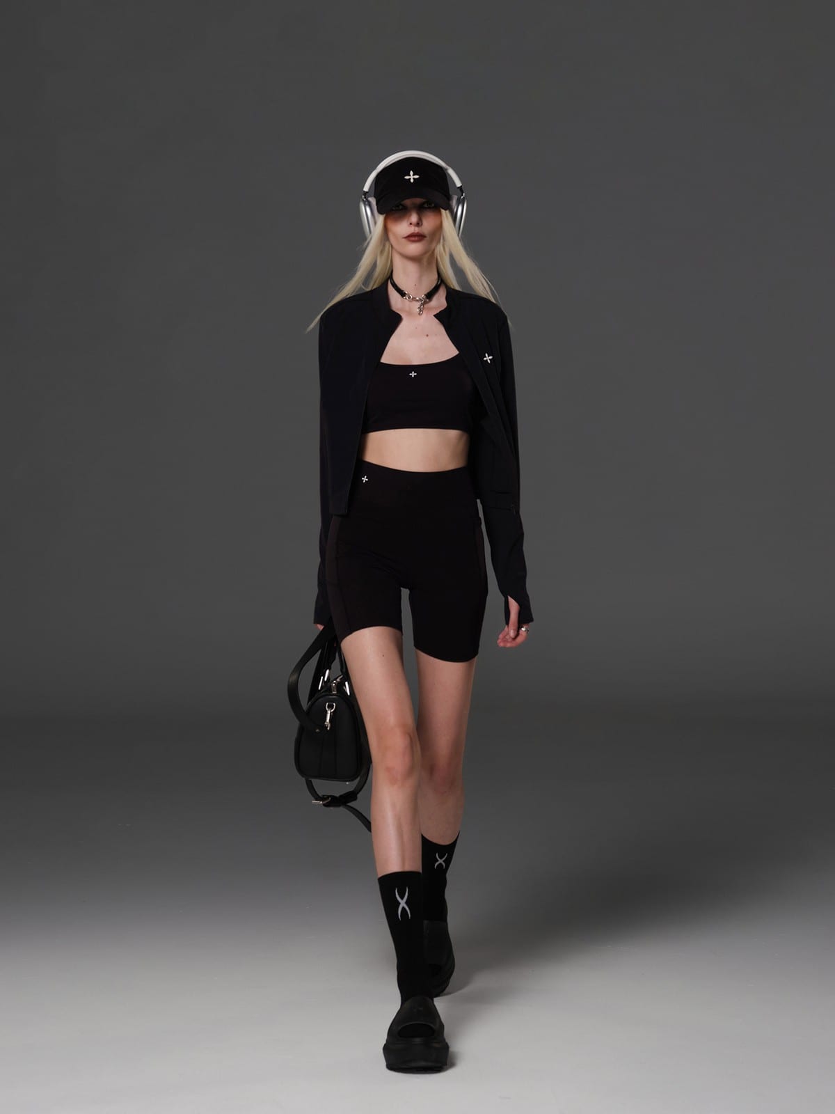 SMFK Cropped Zip Front Nylon Jacket in Black - On Female Model
