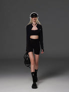 SMFK Cropped Zip Front Nylon Jacket in Black - On Female Model