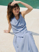 TEASEL Crinkled Silk Blend Shirt Pants Set in Sky Blue - On Female Model