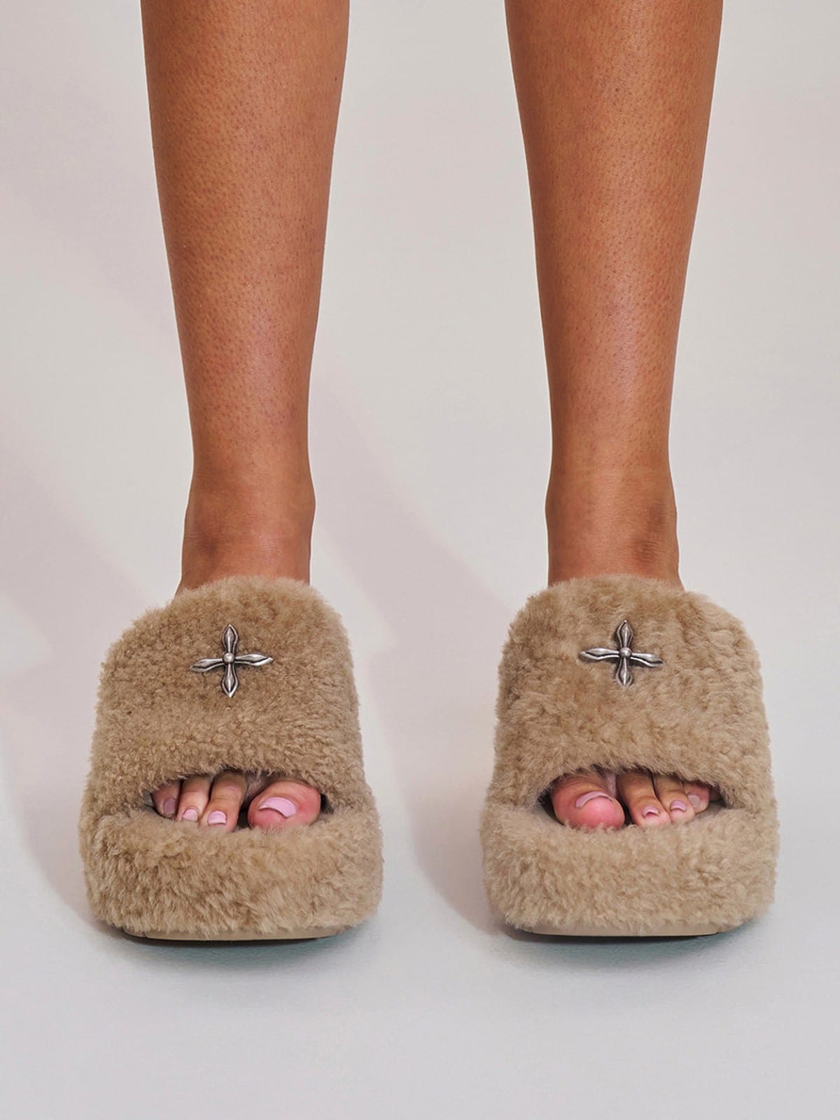 SMFK Cross Hardware Shearling High Heel Mules in Beige - On Female Model