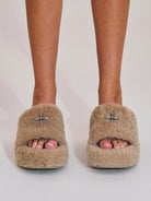 SMFK Cross Hardware Shearling High Heel Mules in Beige - On Female Model