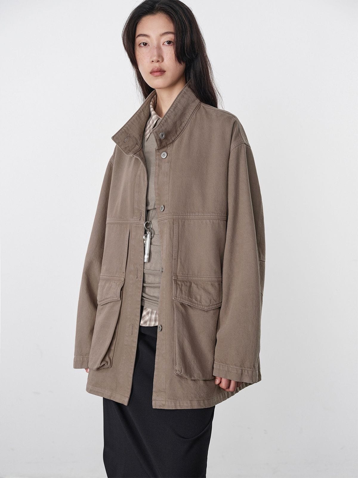 Random Piece Cotton Convertible Workwear Jacket in Brown - On Female Model