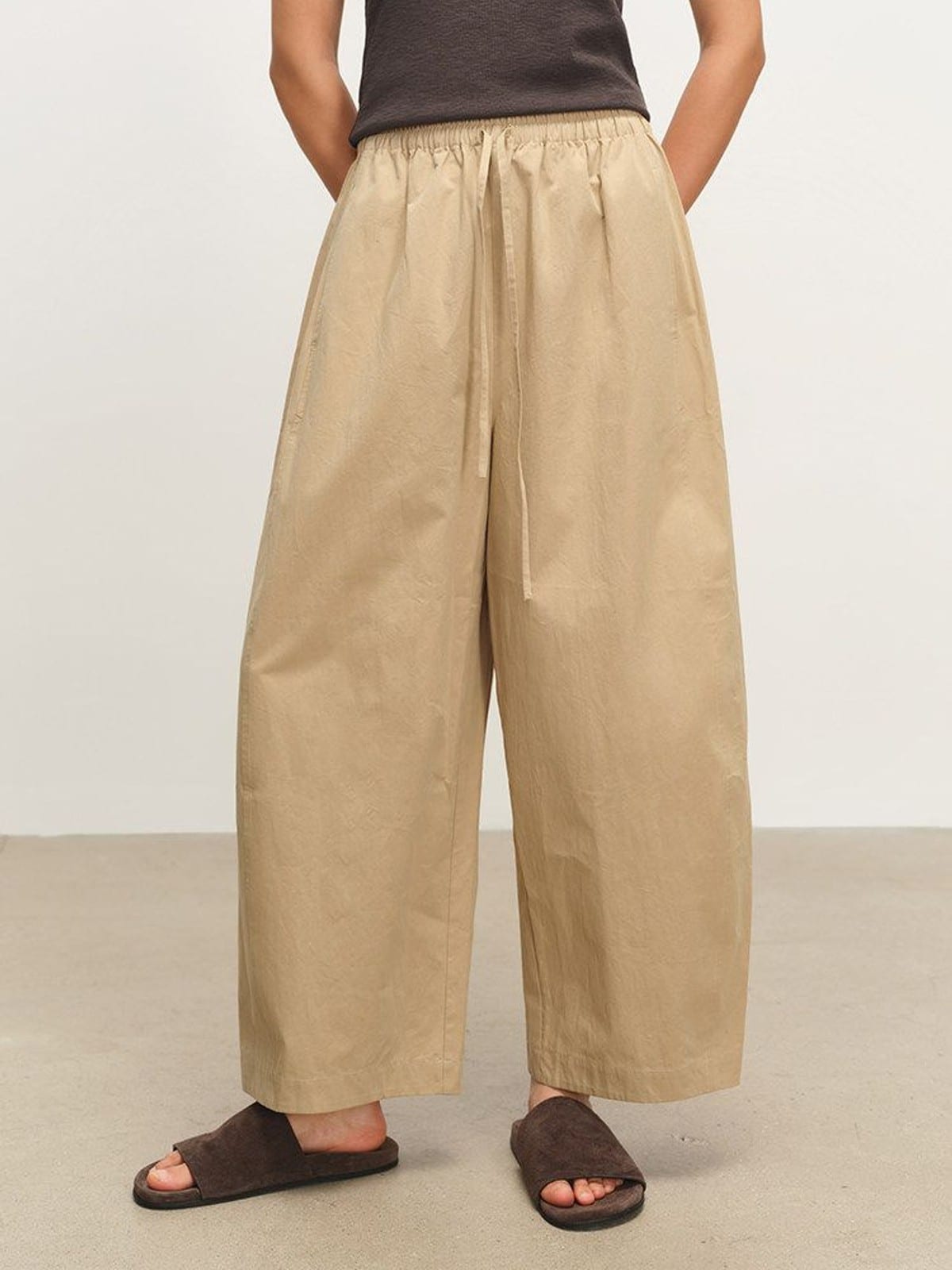 MSBEAST Paper Texture Cotton Balloon Pants in Beige - On Female Model