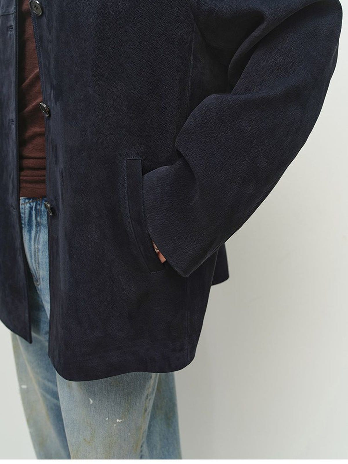 MSBEAST Oversized Lapel Sheepskin Jacket in Navy Blue - On Model