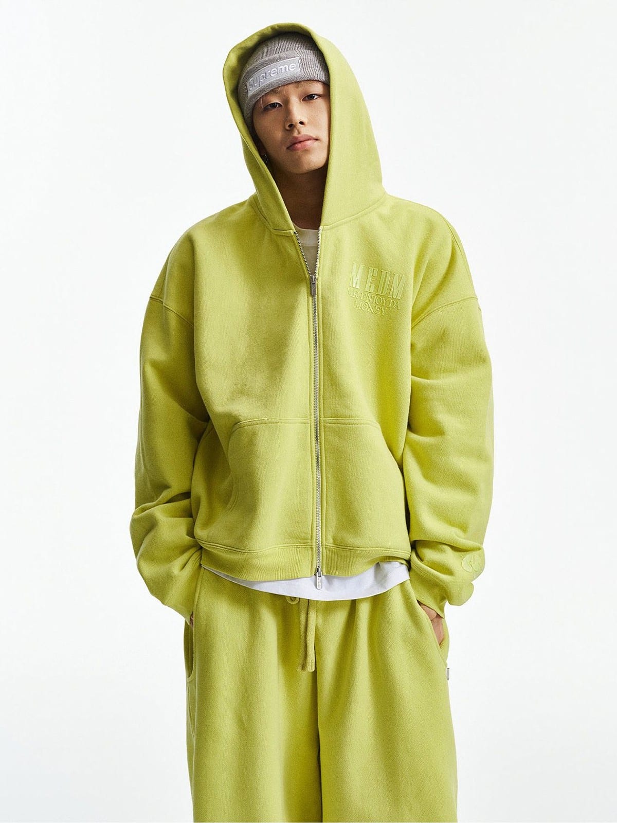MEDM 3D Logo Two Way Zip Cotton Hoodie in Green - On Male Model