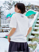 MEDM Embroidered Heart Cotton T Shirt in White - On Female Model