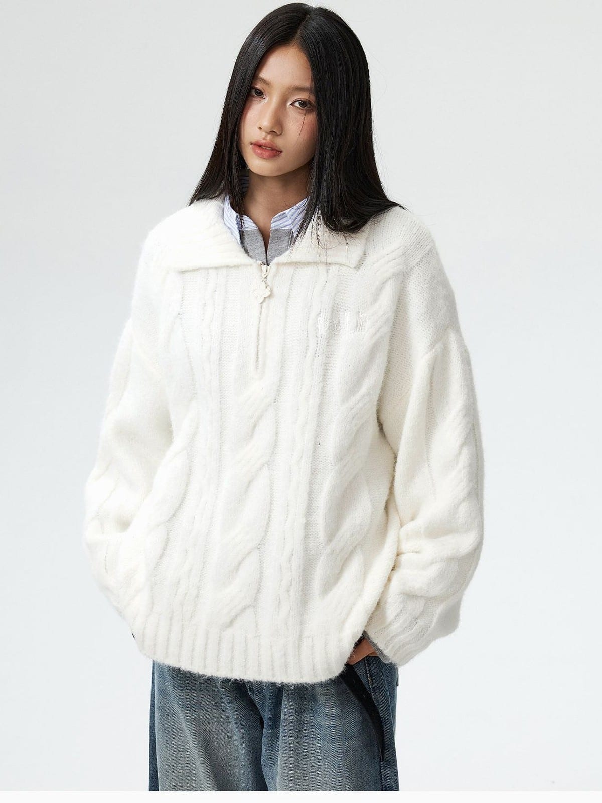 MEDM Cable Knit Quarter Zip Sweater in White - On Female Model