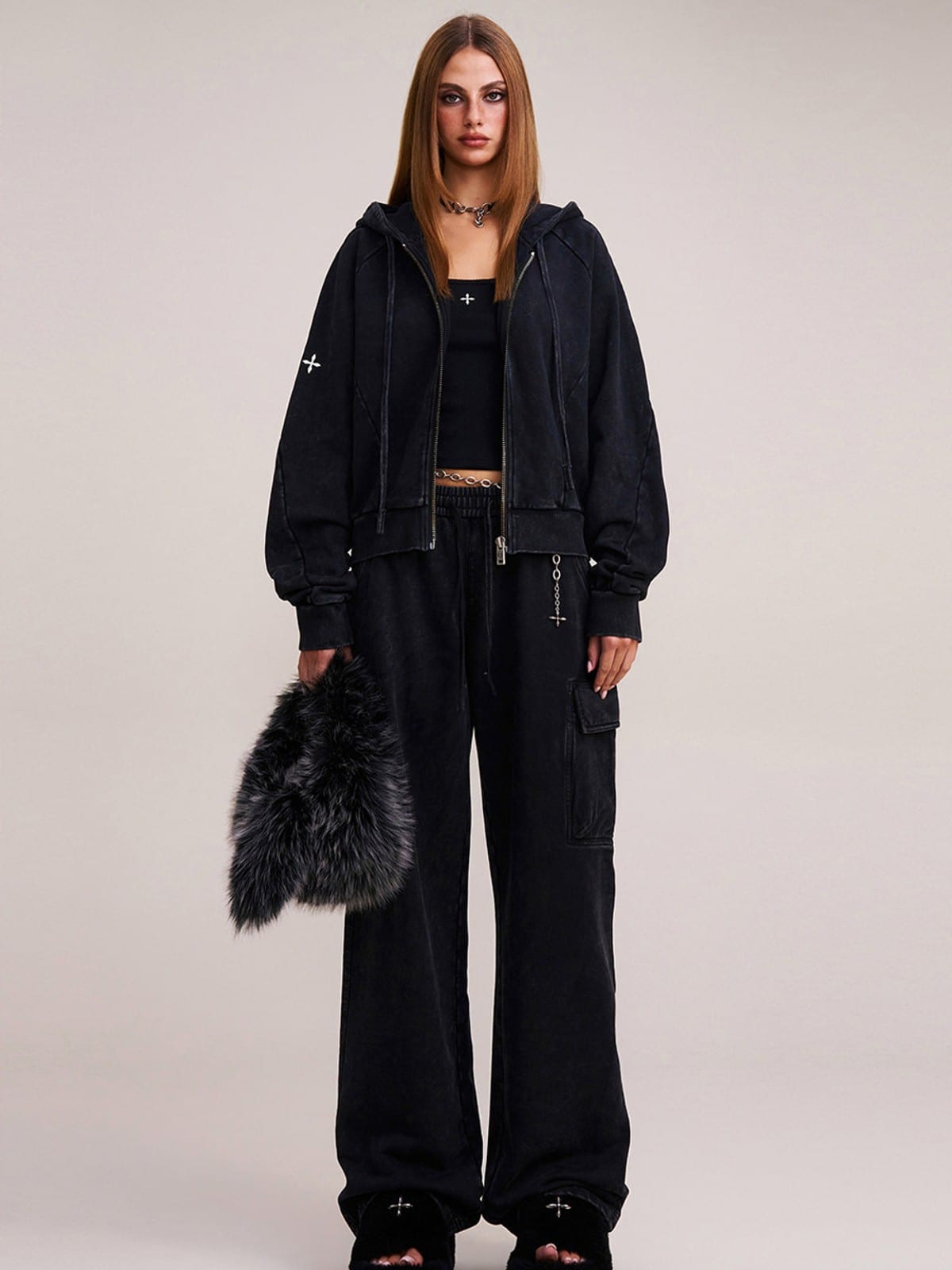 SMFK Garment Dyed Cotton Zip Up Hoodie in Black - On Female Model