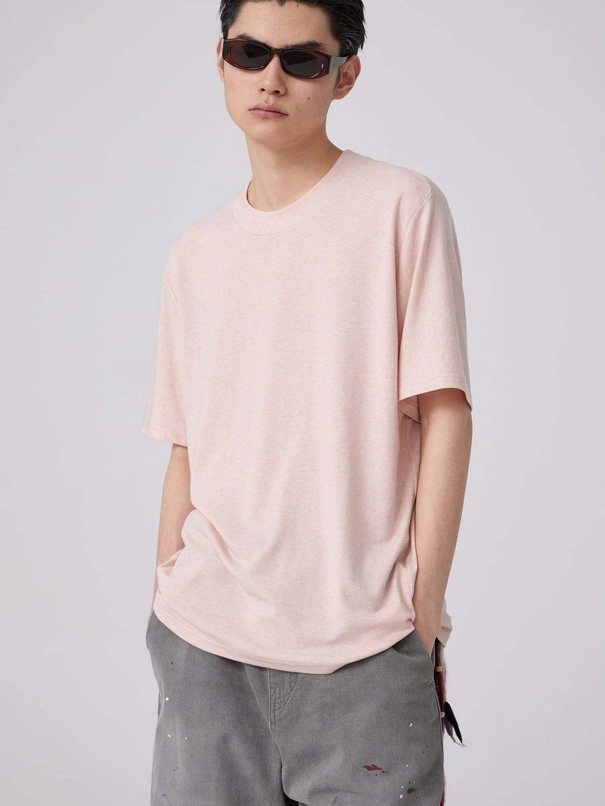 SIMPLE PROJECT Wool Blend Crewneck T Shirt in Pink - On Male Model