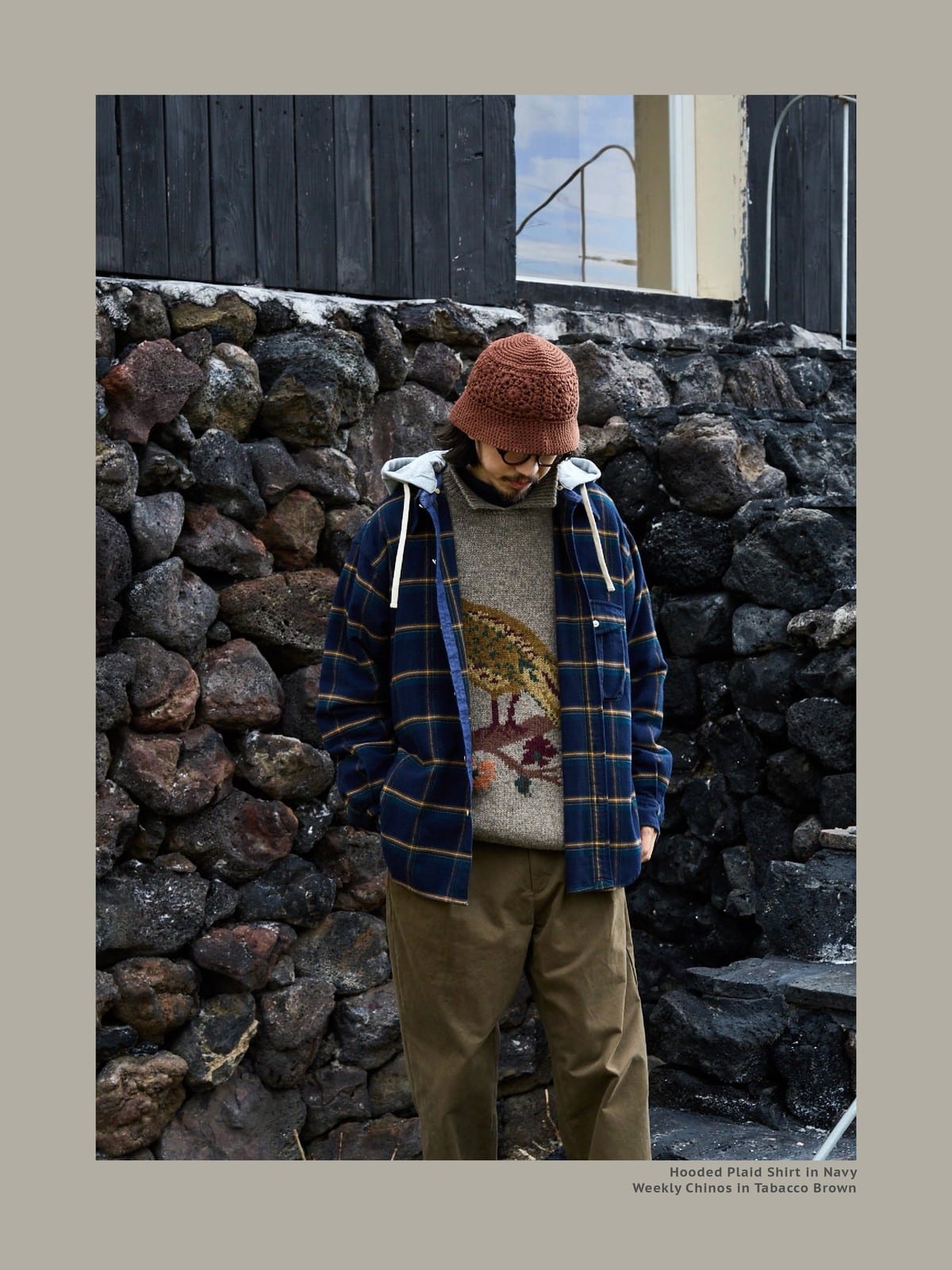 USAGE Detachable Hood Cotton Plaid Shirt in Navy Blue - On Male Model