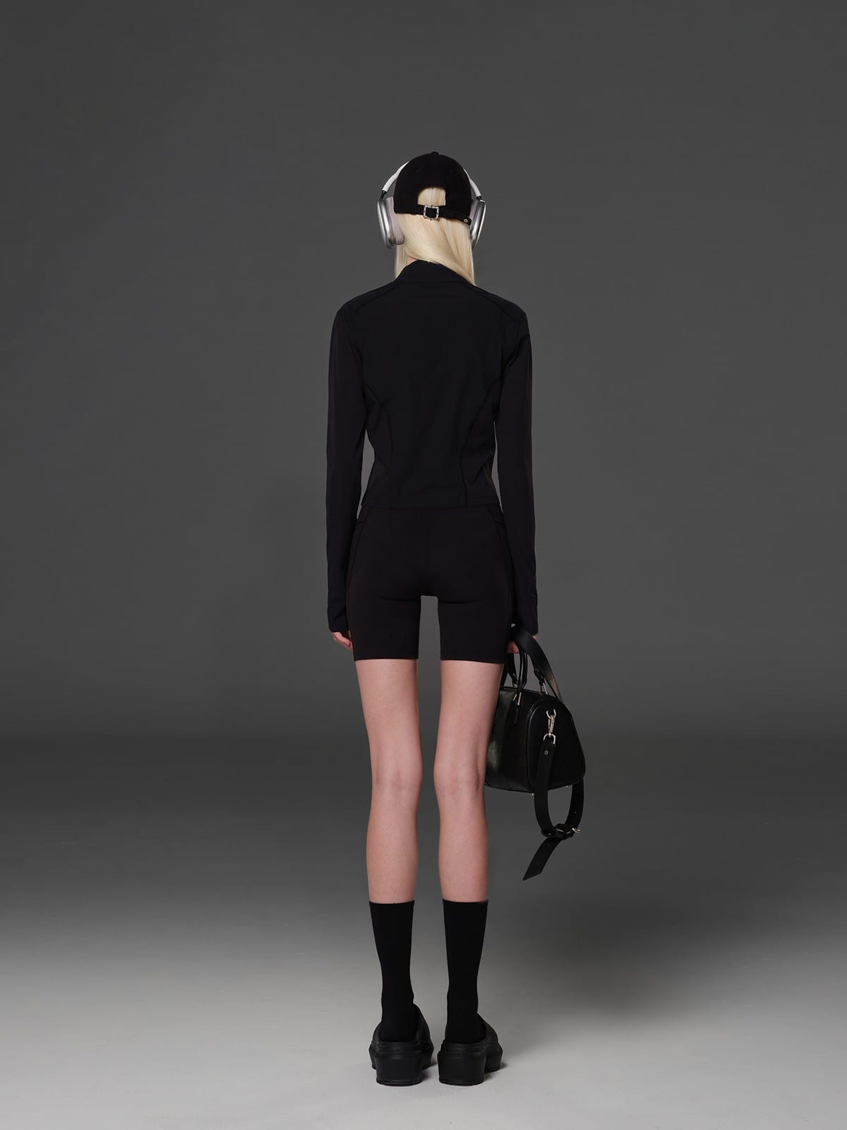 SMFK Cropped Zip Front Nylon Jacket in Black - On Model