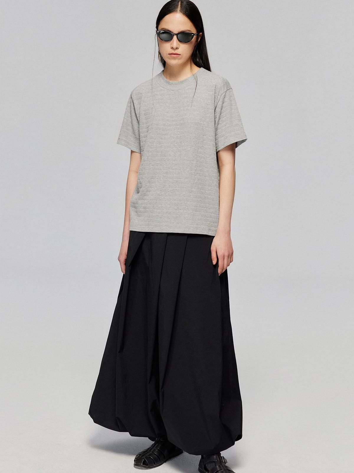 SIMPLE PROJECT Textured Diagonal Paneled T Shirt in Heather Gray - On Female Model