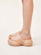 SMFK 7cm Platform Embossed EVA Slides in Beige - On Model