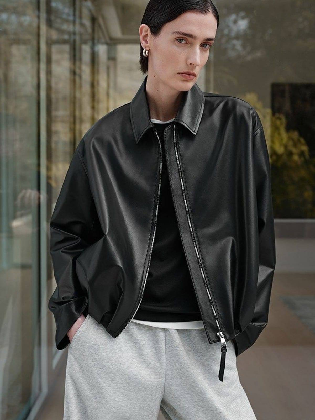 MSBEAST Gathered Hem Sheep Leather Jacket in Black - On Female Model